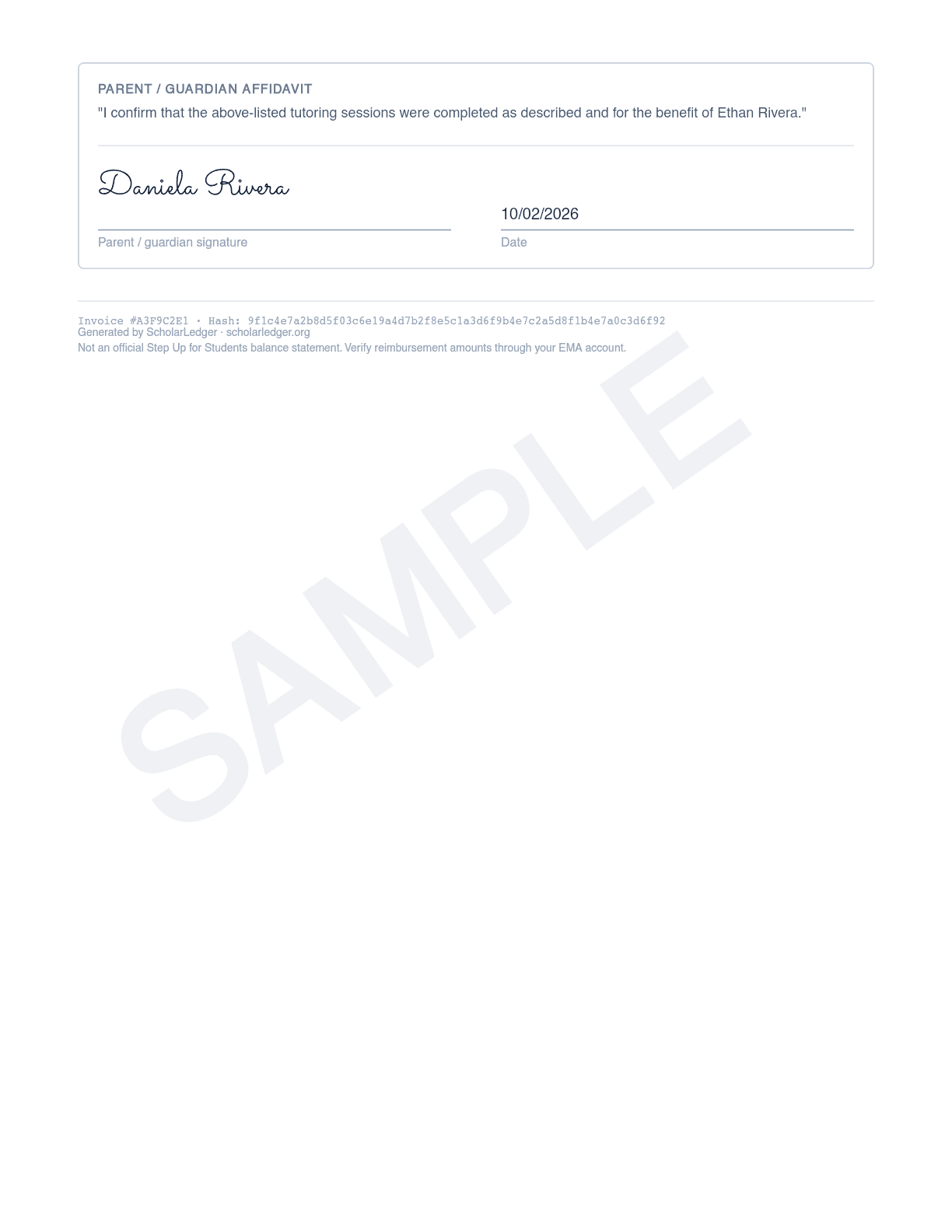 Sample ScholarLedger tutoring invoice, page 2, showing the parent affidavit and the invoice hash