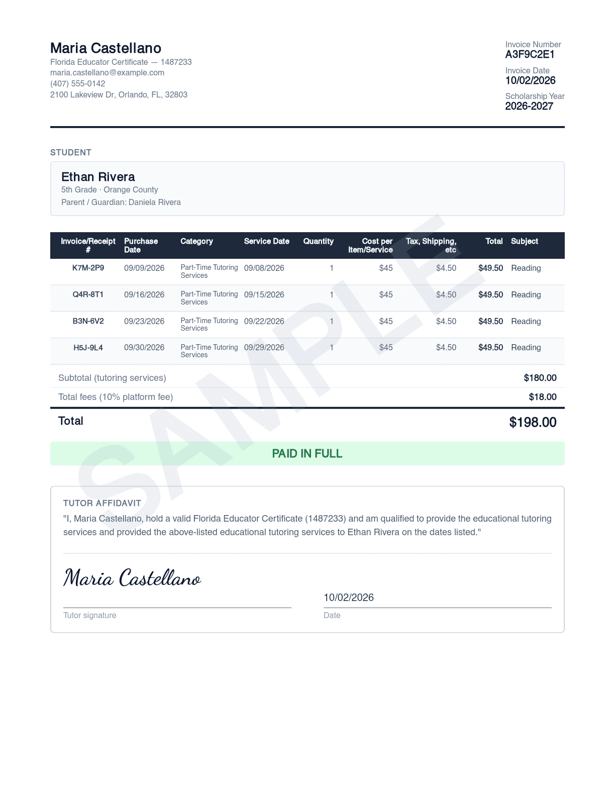 Sample ScholarLedger tutoring invoice for Florida PEP reimbursement, page 1, with numbered markers on each required field