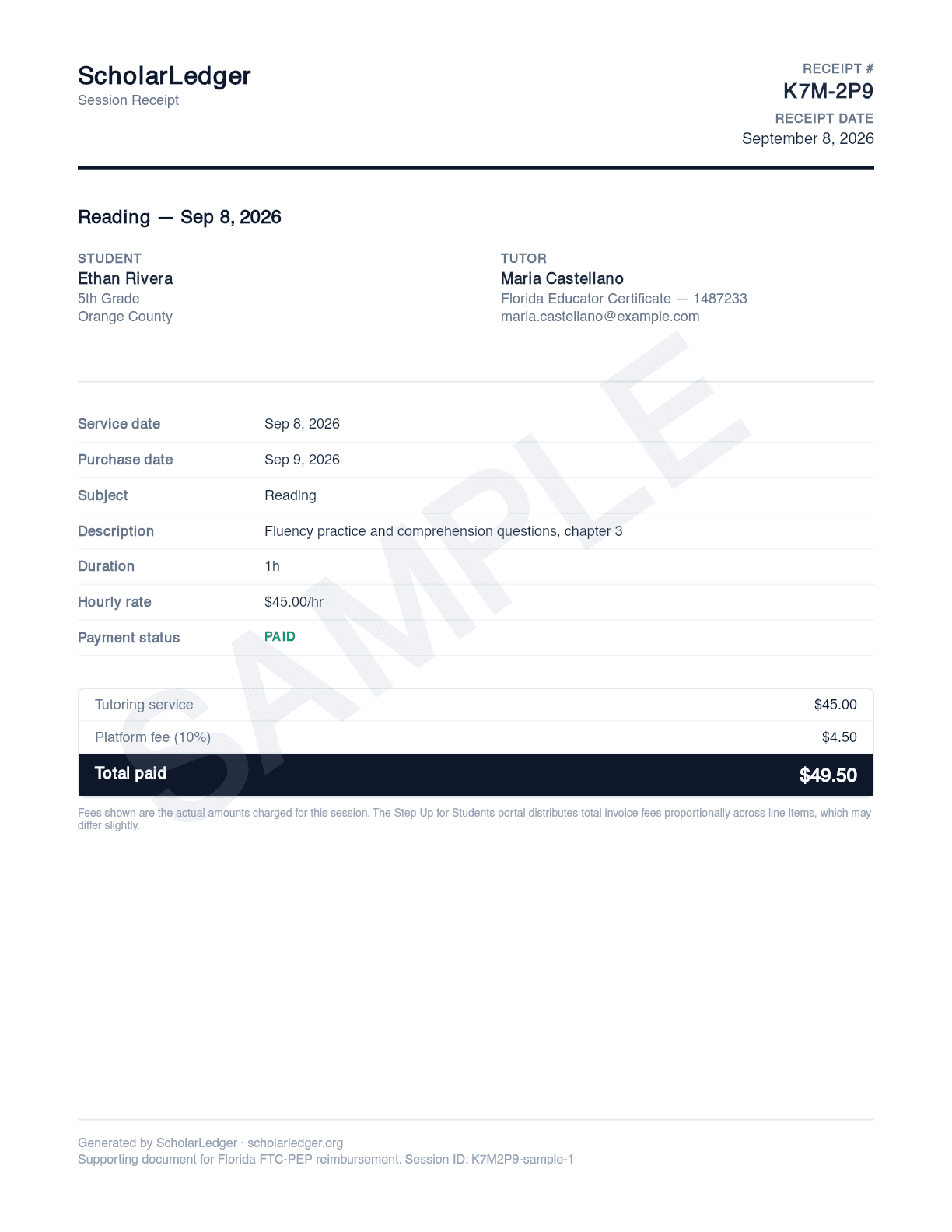 Sample ScholarLedger session receipt showing service date, purchase date, payment status, and fee breakdown